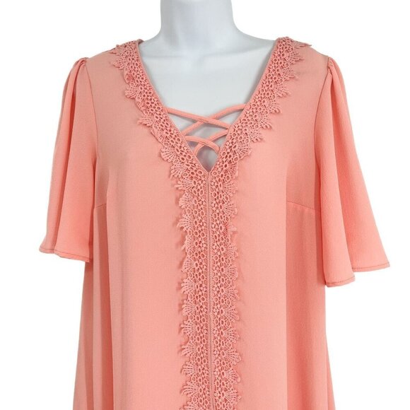 Sequin Hearts Coral Pink Floral Lace V-Neck Short Sleeve Tunic Dress Large - Picture 3 of 6
